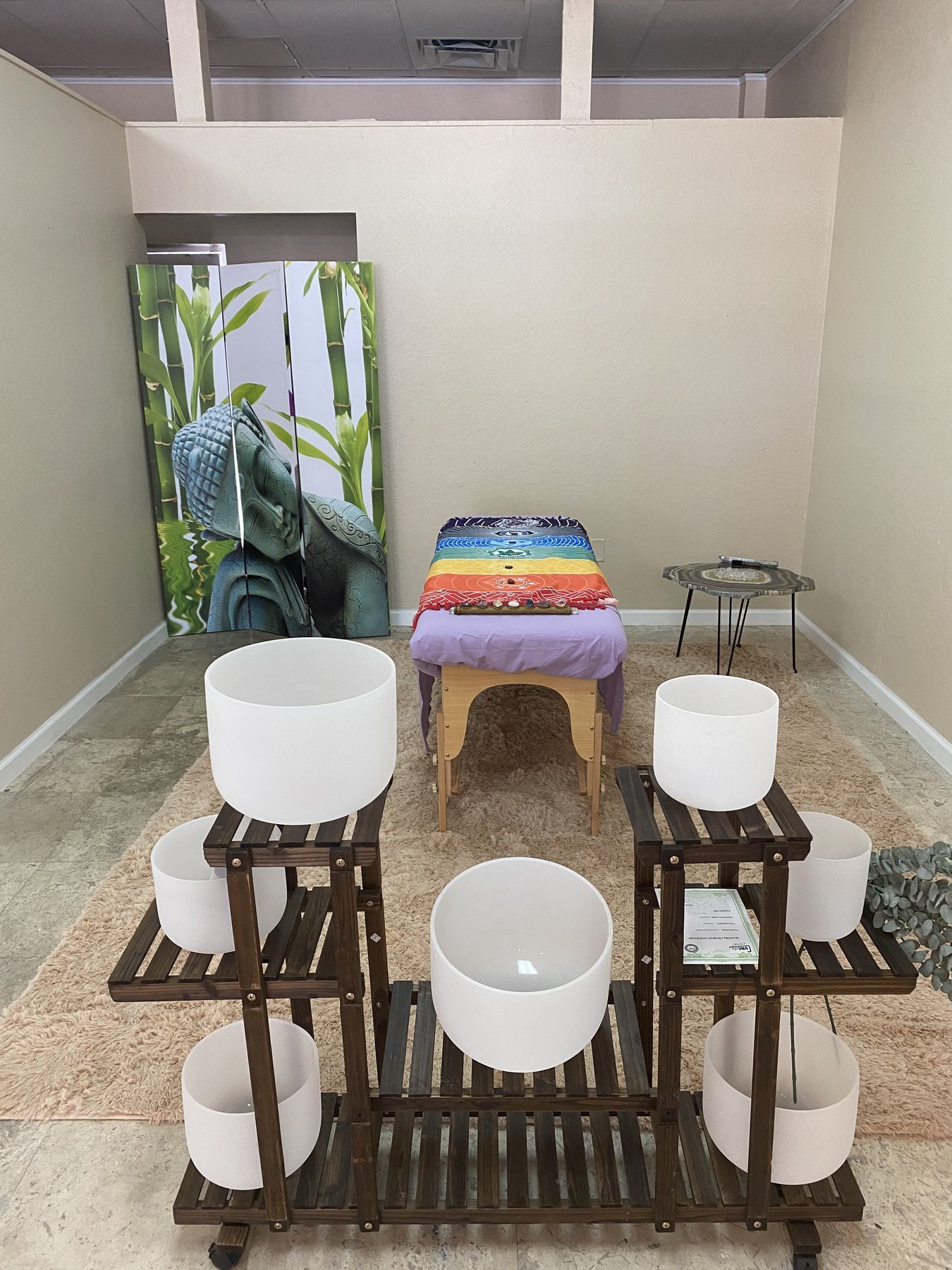 Sound healing space with crystal singing bowls